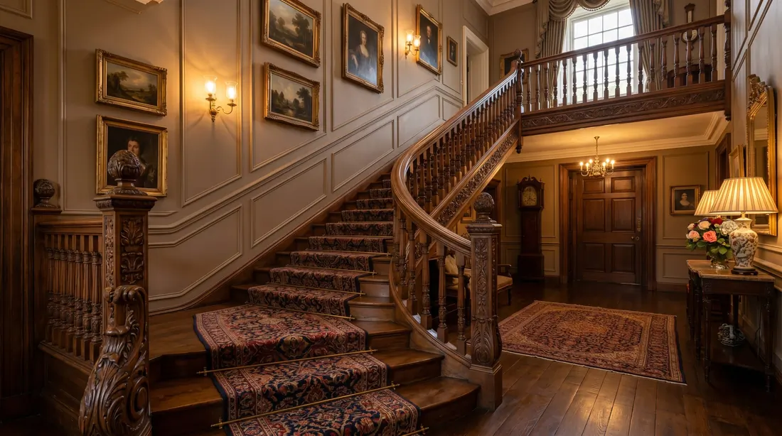 Traditional staircase with white spindles, dark handrail, and bright entry.