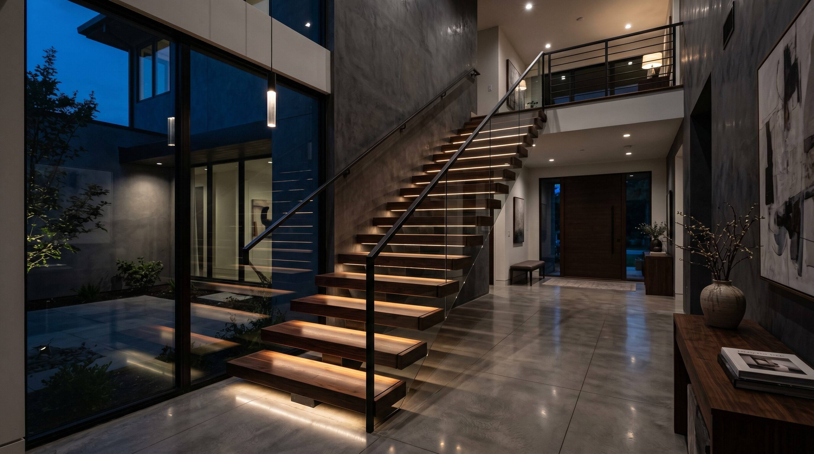 Luxury entry staircase with marble steps, elegant railing, and chandelier light.