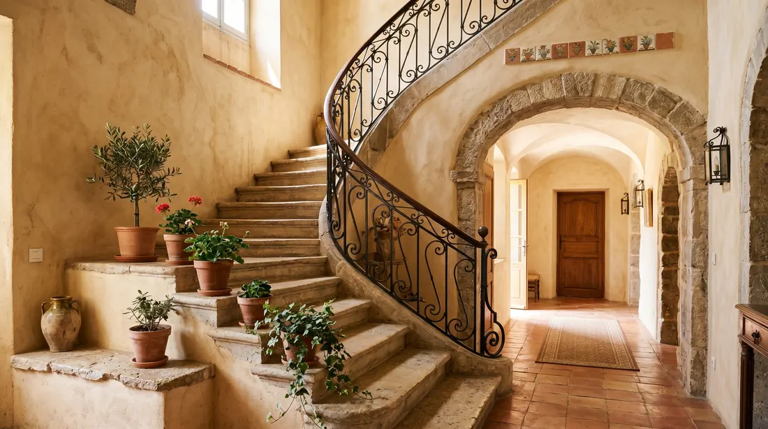 Modern staircase with black railing, light walls, and clean foyer design.