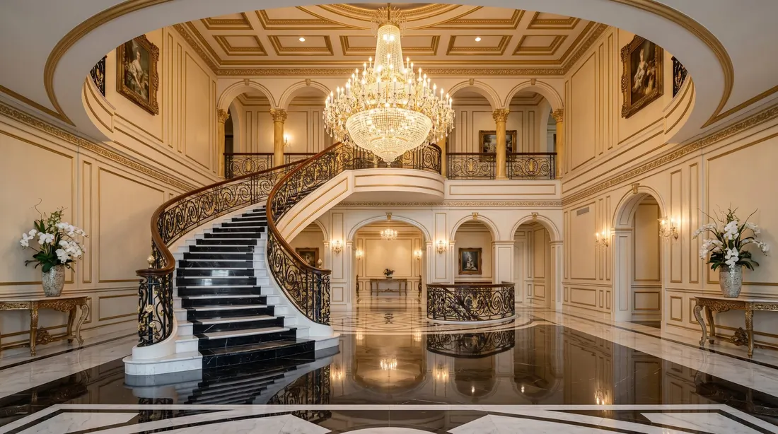 Farmhouse staircase with wood newel post, white trim, and warm entry styling.