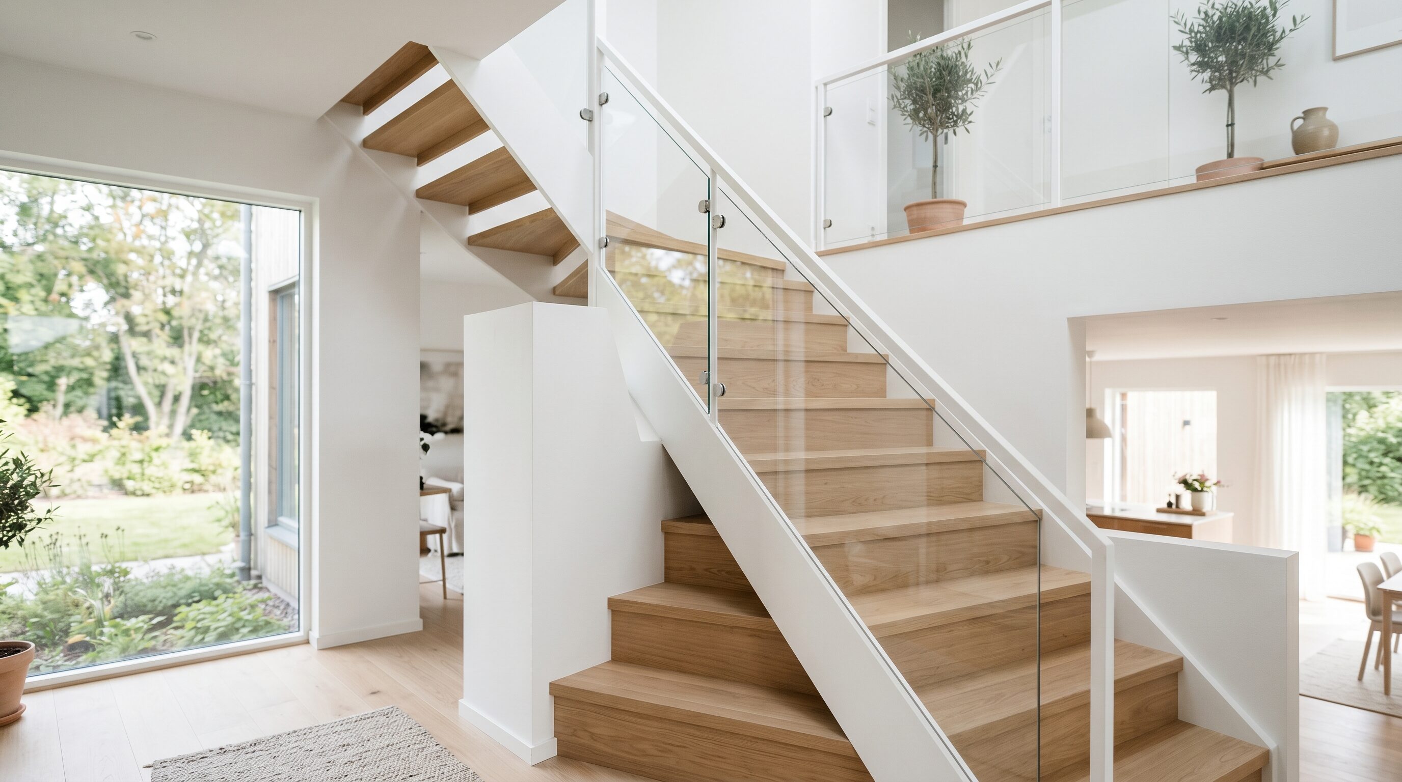 Staircase with paneled wall detail, wood treads, and elegant foyer.