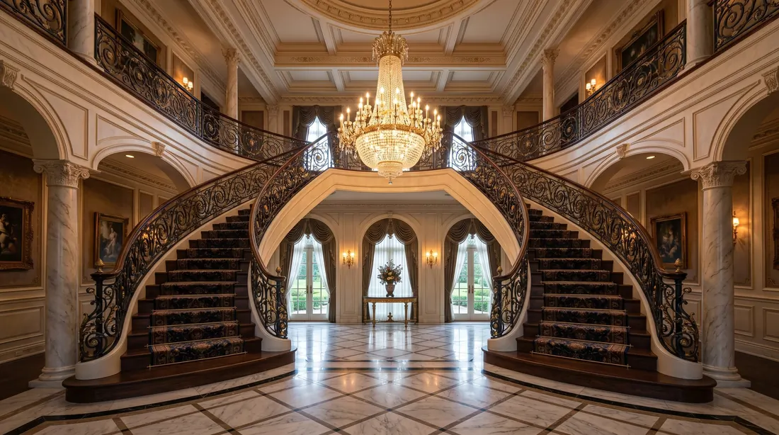 Grand staircase with two-story foyer and chandelier lighting.