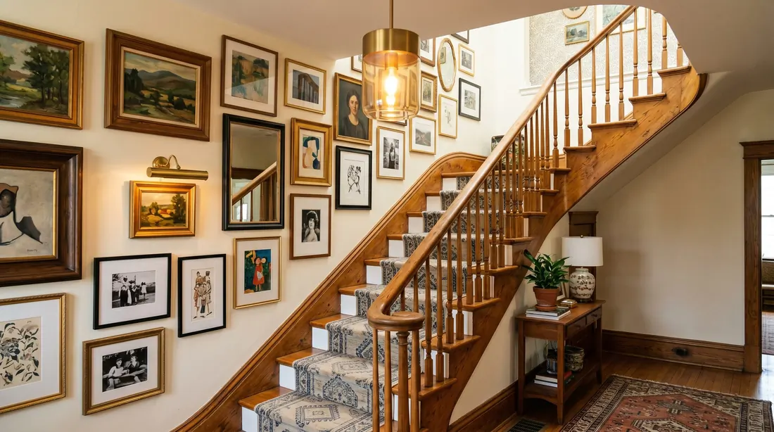 Coastal staircase with light wood, white walls, and airy entryway.