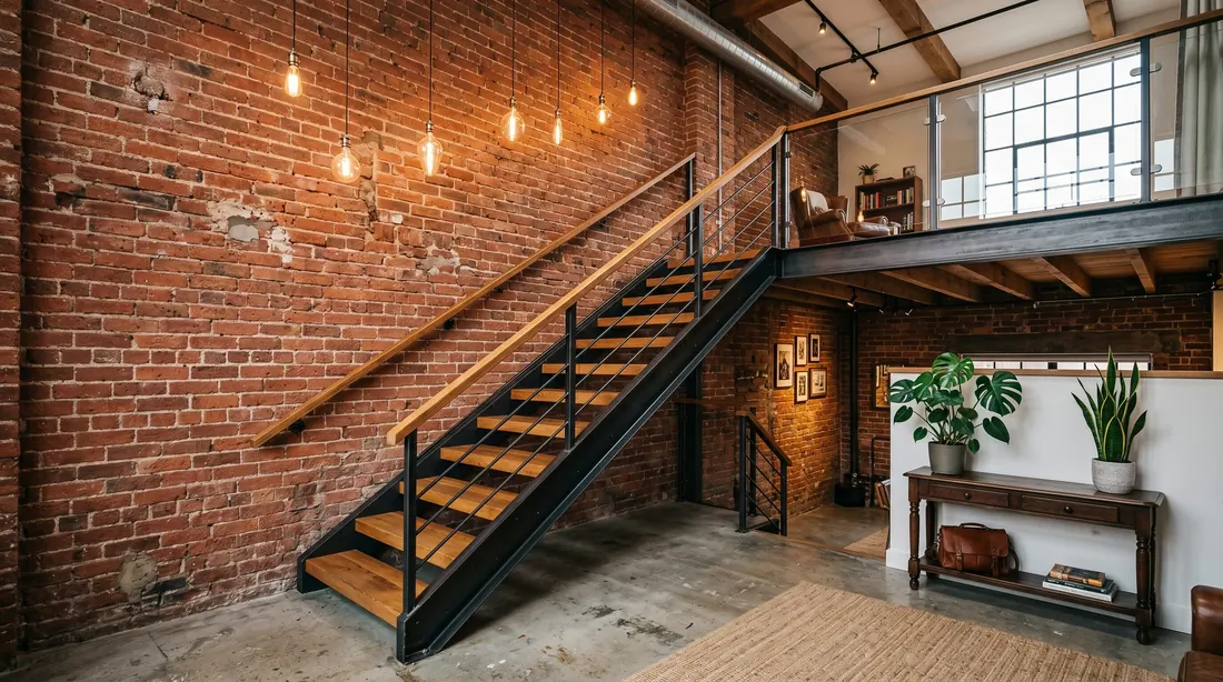 Staircase with gallery wall, framed artwork, and styled entrance.