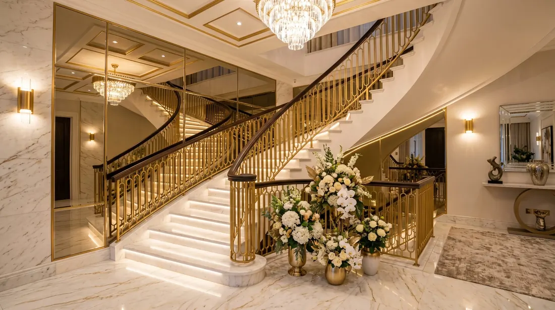 Dramatic dark staircase with moody finishes and elegant entry lighting.