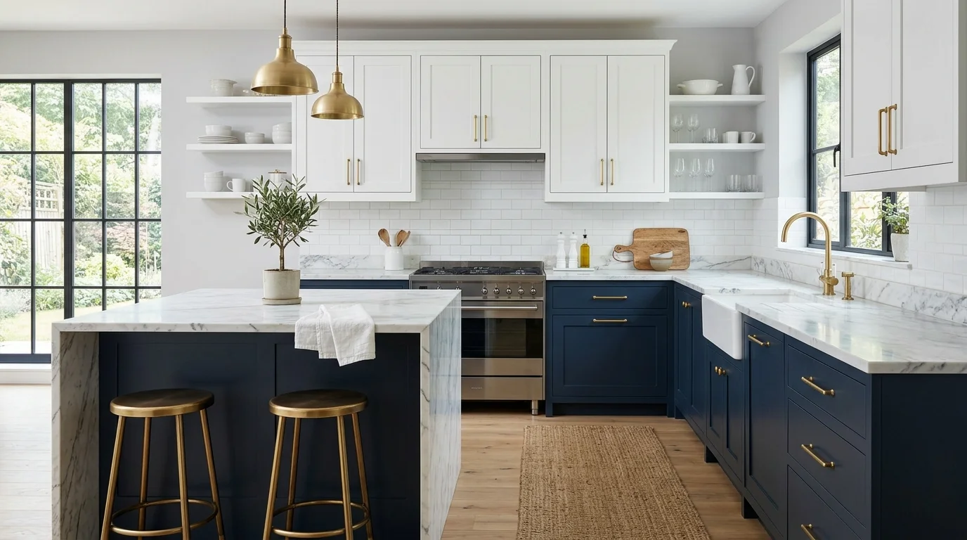 Kitchen with white upper cabinets, wood lower cabinets, and a bright polished island.