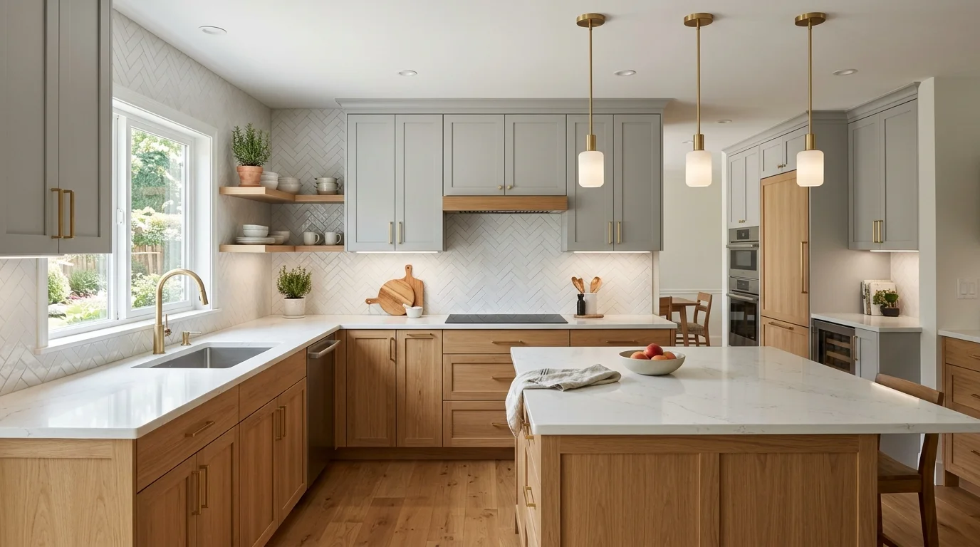 Kitchen with navy lower cabinets, white uppers, brass hardware, and crisp contrast.