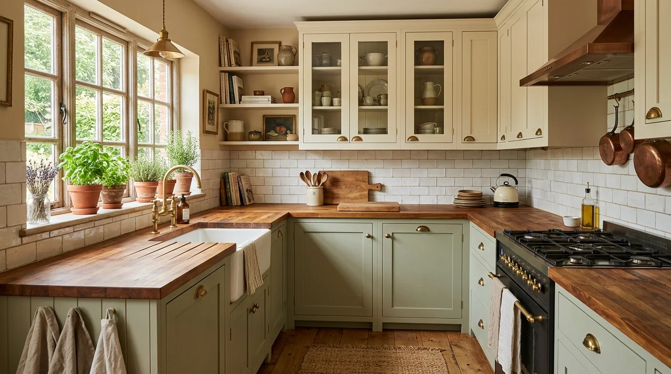 Kitchen with black island, oak perimeter cabinets, and a warm modern balance.