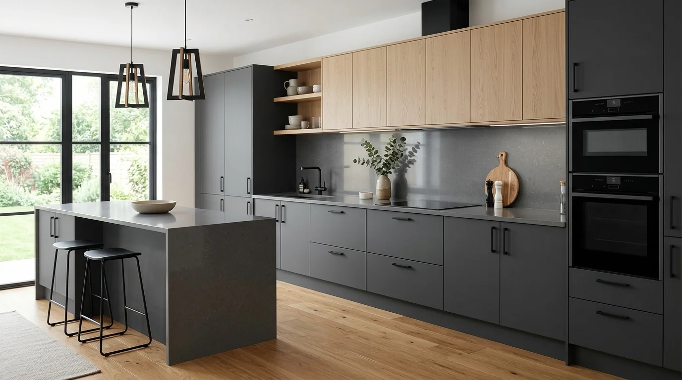 Kitchen with gray lowers, white uppers, and simple clean transitional styling.