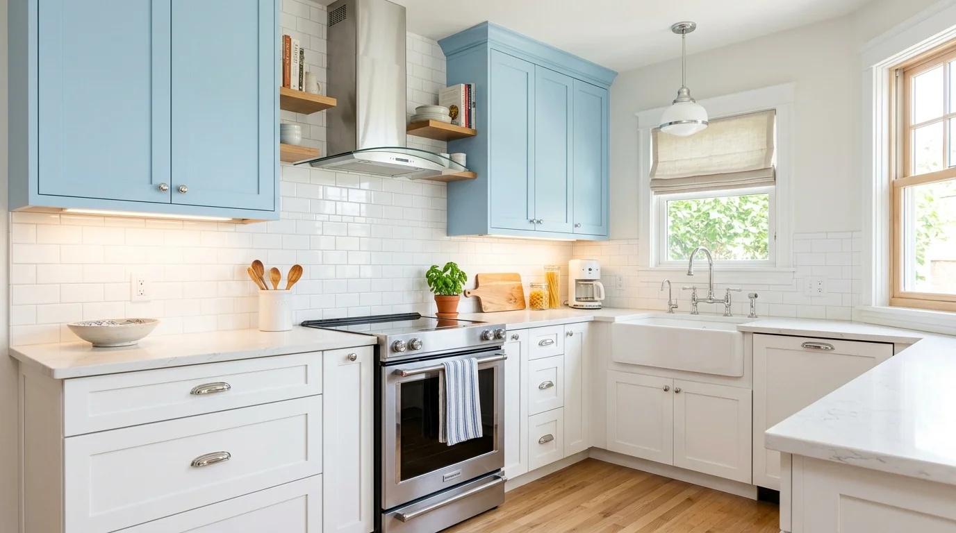 Kitchen with neutral perimeter cabinets and a bold blue island centerpiece.