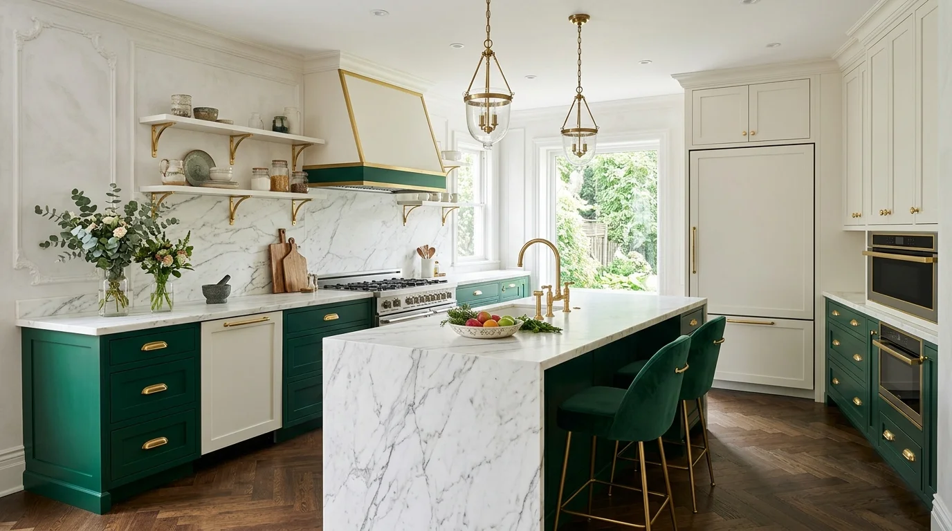 Kitchen with green painted cabinets, natural wood accents, and layered texture.
