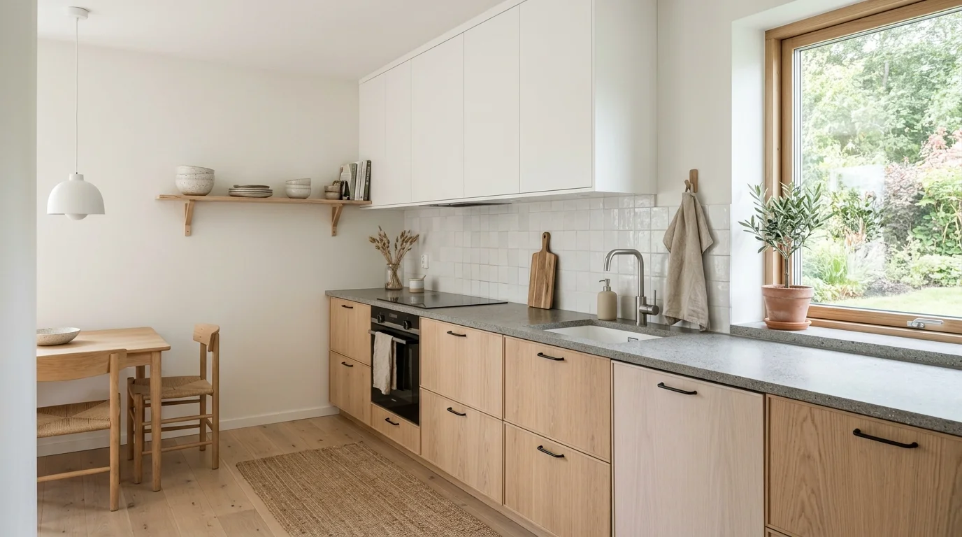 Kitchen with taupe lowers, white uppers, and soft understated warmth.