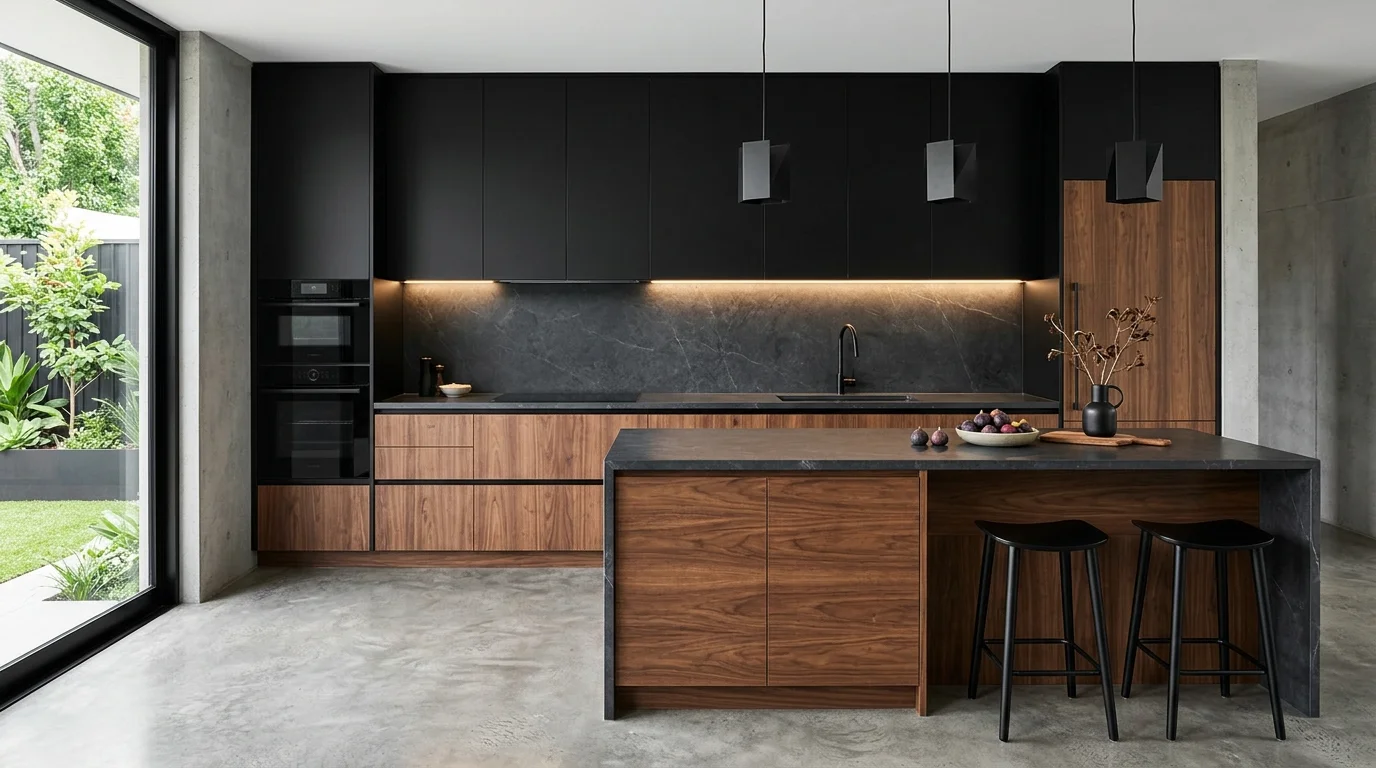 Modern kitchen with charcoal cabinets, pale wood details, and sleek hardware.