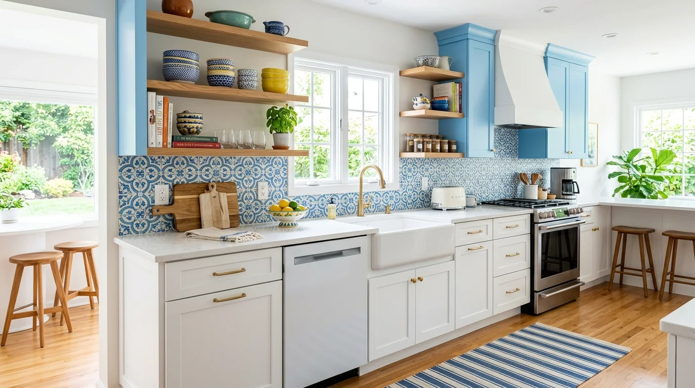 Kitchen with dusty blue island, warm white cabinets, and inviting sunlight.