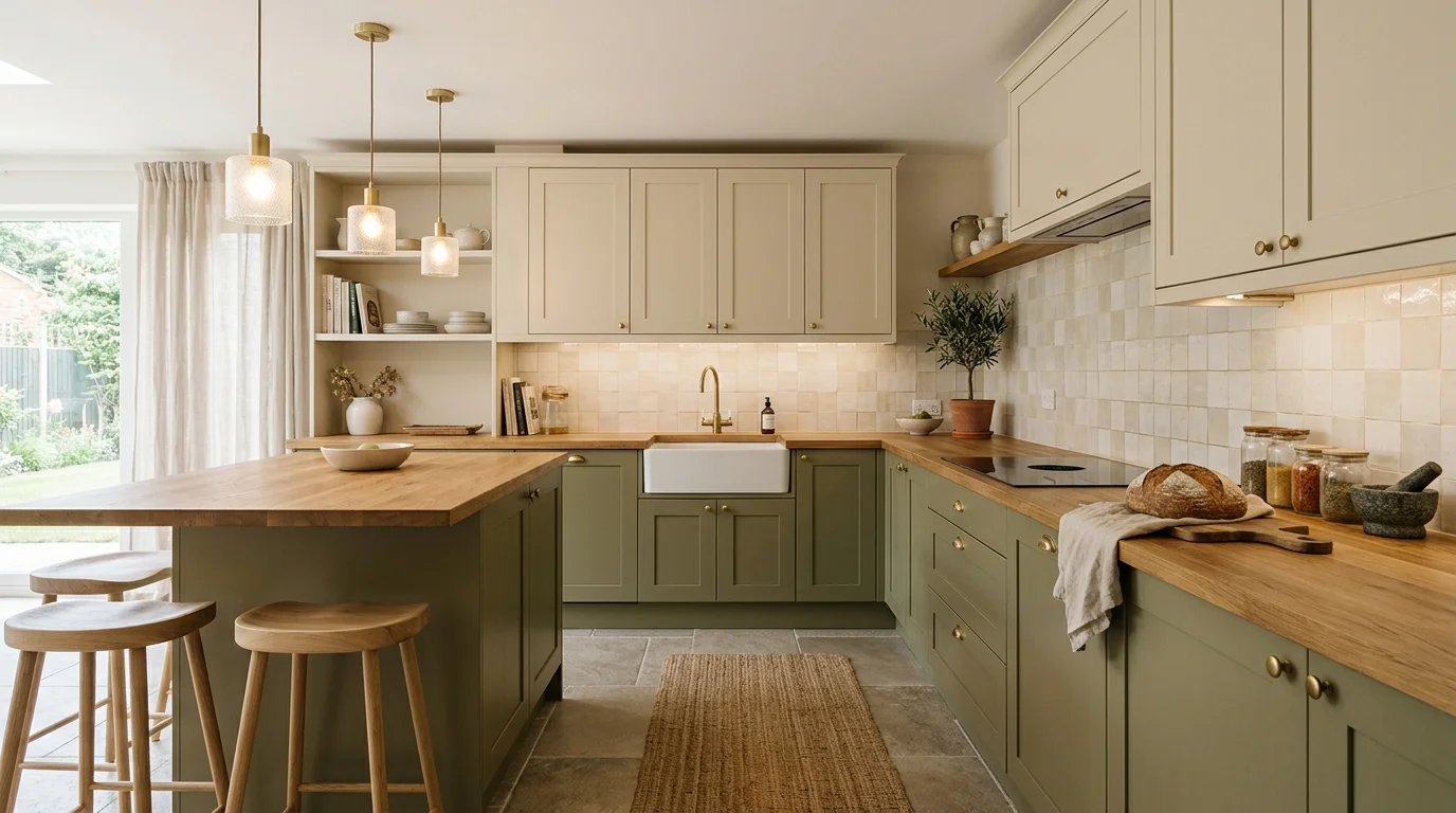 Farmhouse kitchen with painted island, warm wood cabinets, and cozy mixed materials.