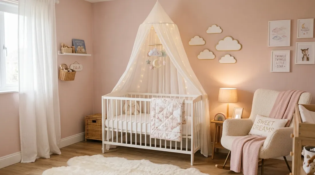 Baby girl nursery with blush walls, white crib, sheer canopy, and cloud wall decor.