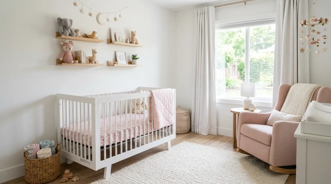 Modern baby girl nursery with white crib, pink bedding, floating shelves, and natural daylight.