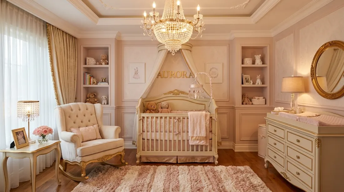 Luxury baby girl nursery with tufted rocking chair, crystal chandelier, pink and gold accents, and plush rug.