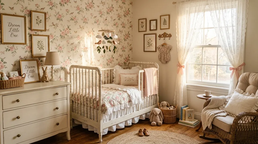 Cottage-style baby girl nursery with floral wallpaper, vintage crib, lace curtains, and pastel decor.