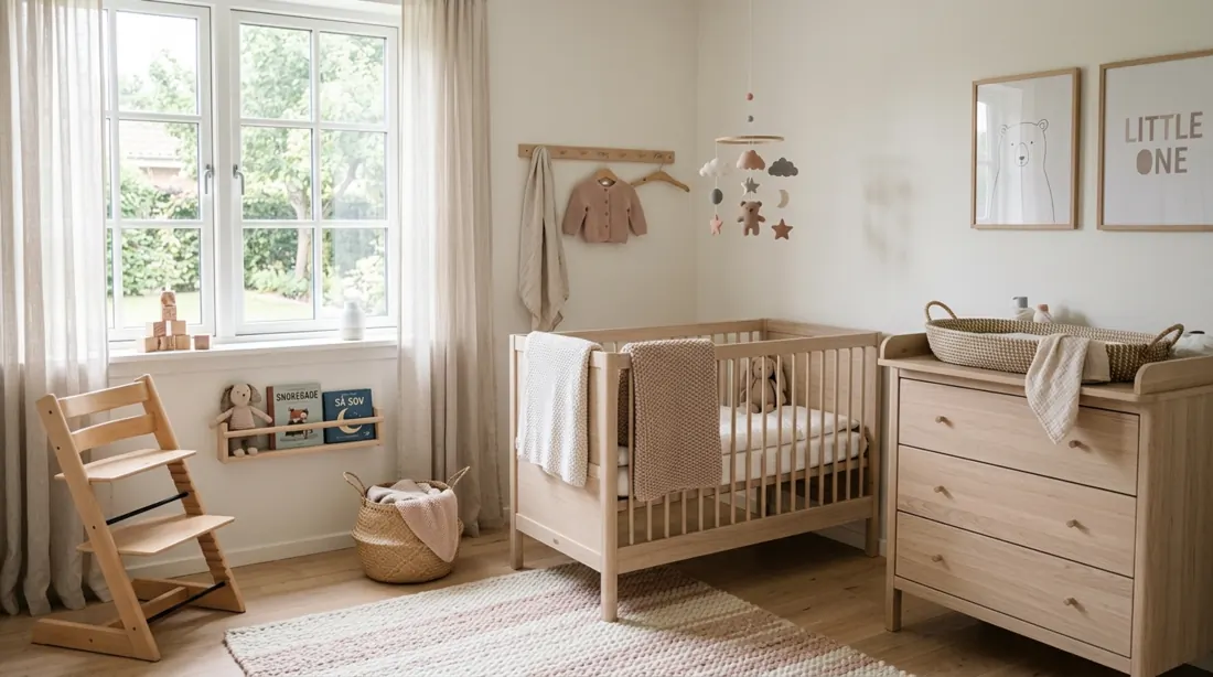 Scandinavian nursery with light wood furniture, soft pink tones, simple decor, and daylight.