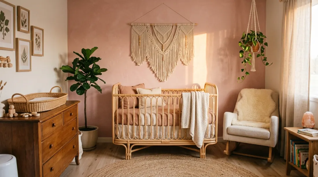 Bohemian baby girl nursery with rattan details, macrame wall hangings, and earthy pink tones.