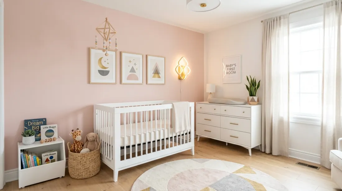 Modern pastel nursery with blush feature wall, white crib, geometric decor, and LED lighting.