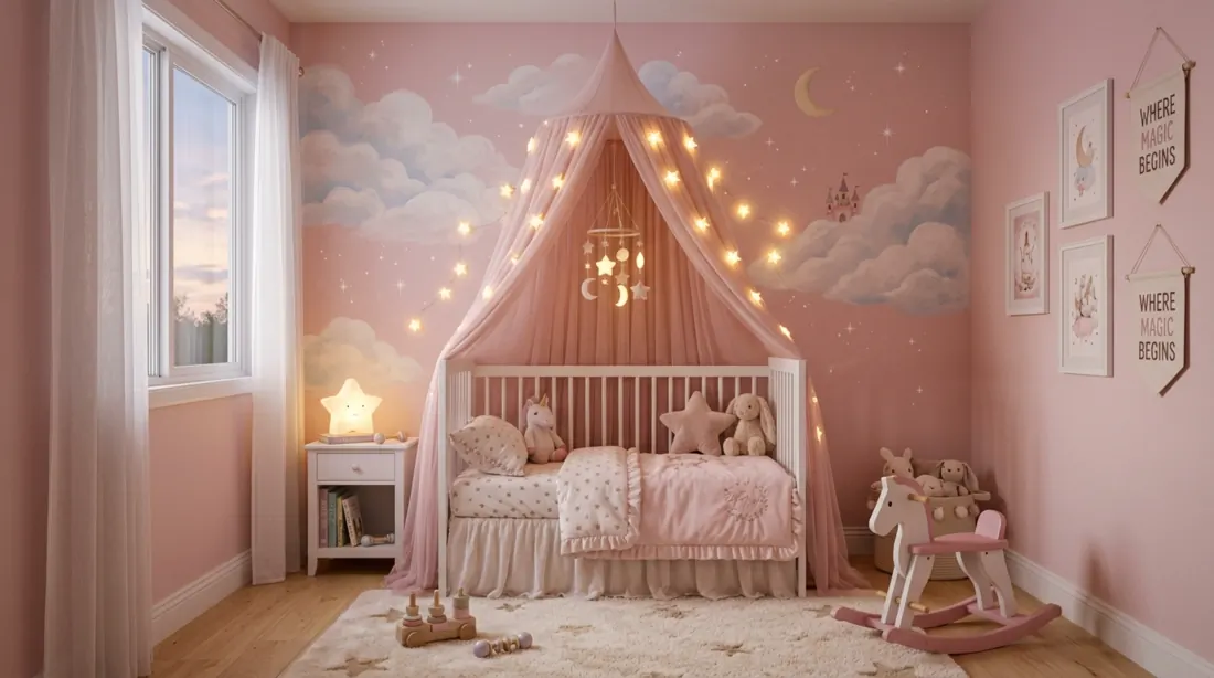 Fairytale nursery with canopy crib, star lights, cloud murals, and glowing pink ambiance.