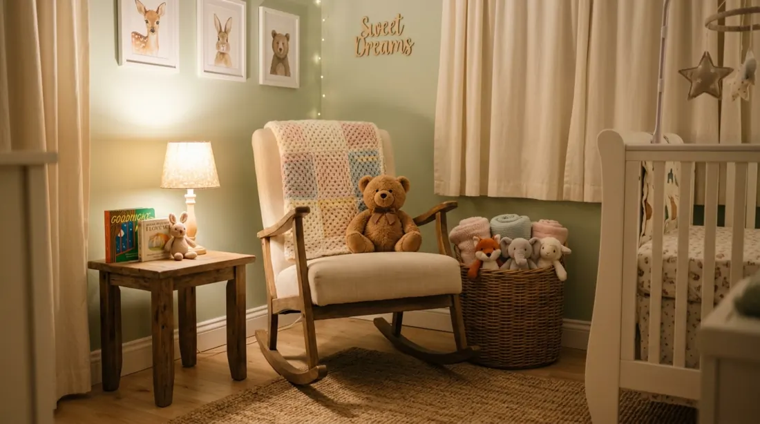 Cozy nursery corner with rocking chair, teddy bears, pastel blankets, and lamp lighting.
