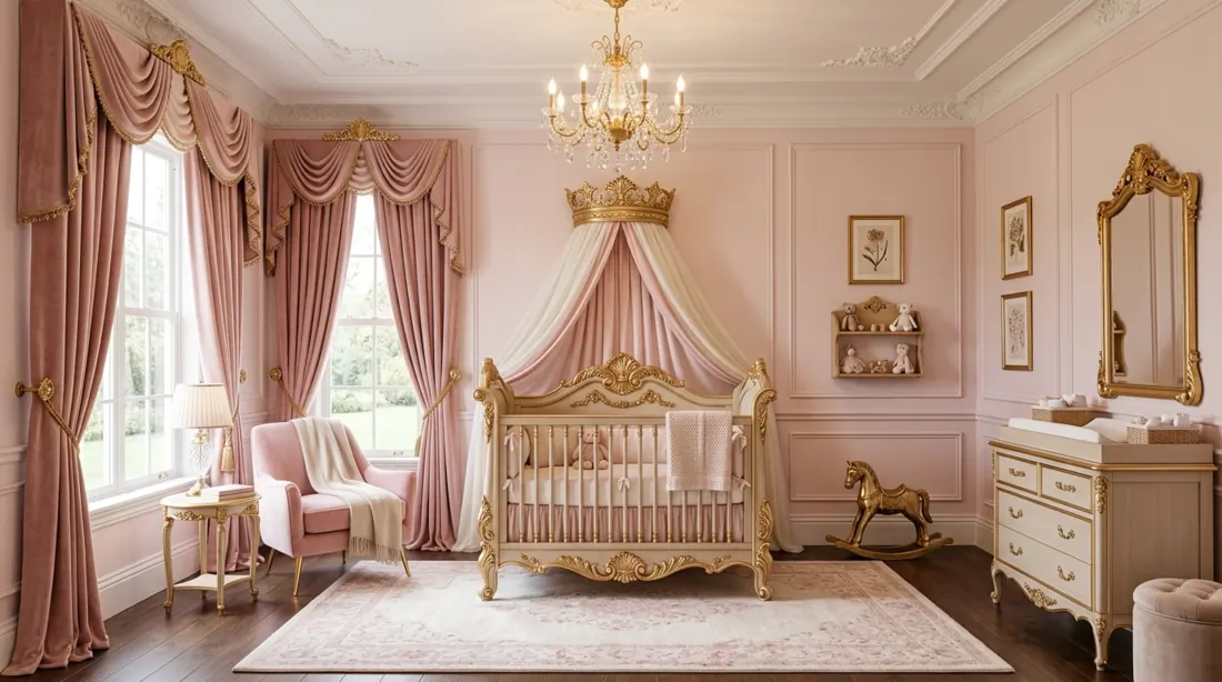 Luxury pink nursery with velvet drapes, gold accents, ornate crib, and chandelier lighting.