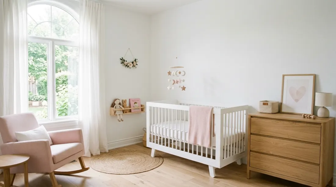 Minimal baby girl nursery with white walls, subtle pink accents, modern crib, and bright natural light.