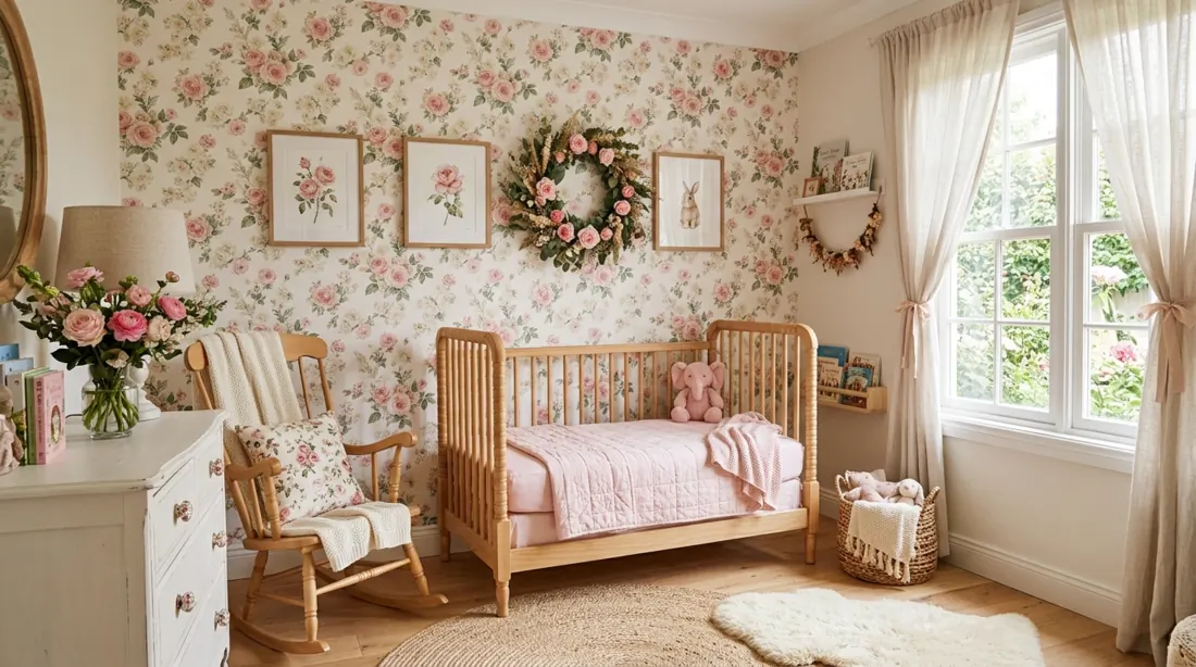 Floral-themed nursery with rose wallpaper, wooden crib, pink bedding, and fresh flowers.