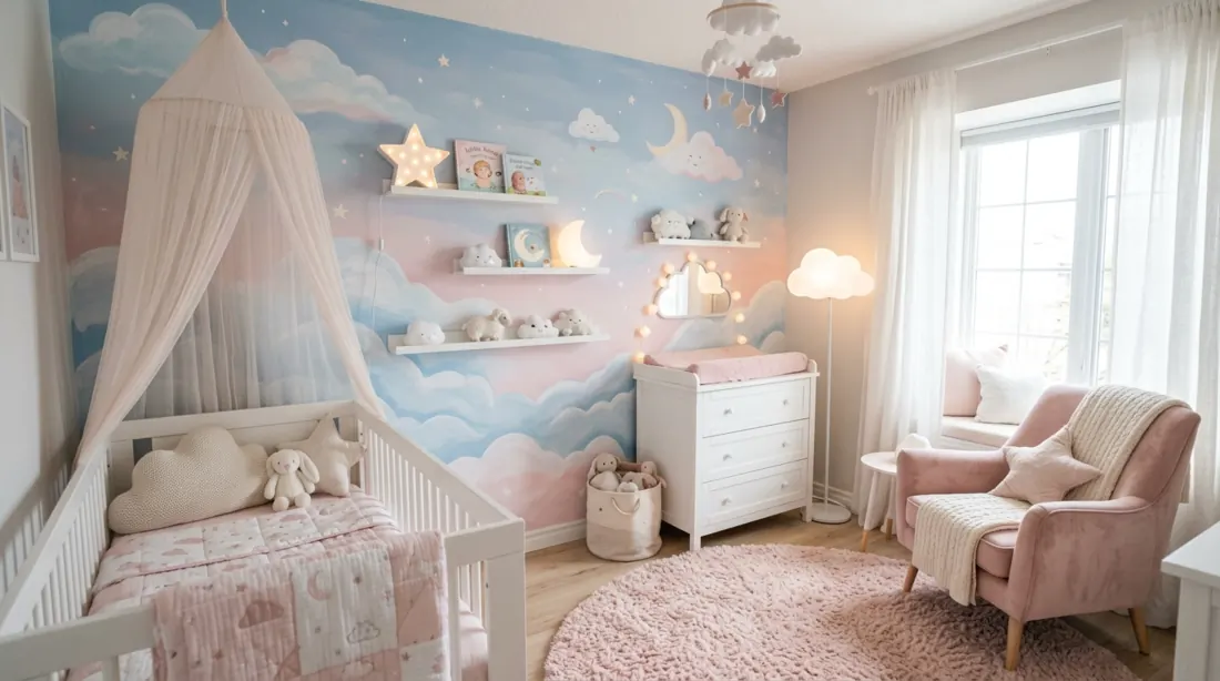 Dreamy cloud nursery with sky mural, floating shelves, plush textures, and pastel pink tones.