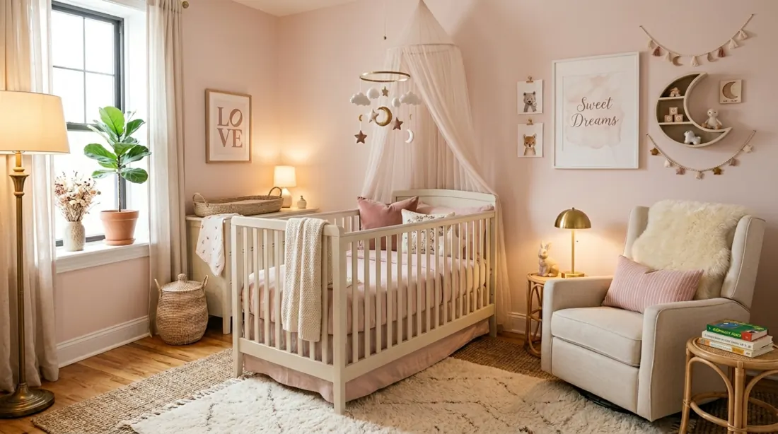 Cozy elegant nursery with layered textiles, soft pink palette, ambient lighting, and peaceful decor.