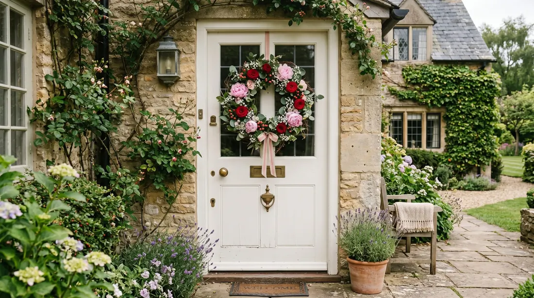 Valentine wreath with red roses, pink peonies, and white baby's breath on a white front door.