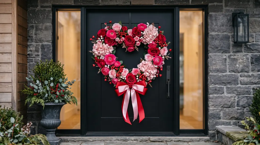 Heart-shaped Valentine wreath with red and pink silk flowers, pearls, and satin bow.