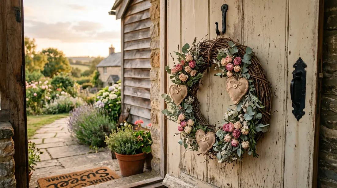 Grapevine Valentine wreath with dried roses, burlap hearts, and greenery.