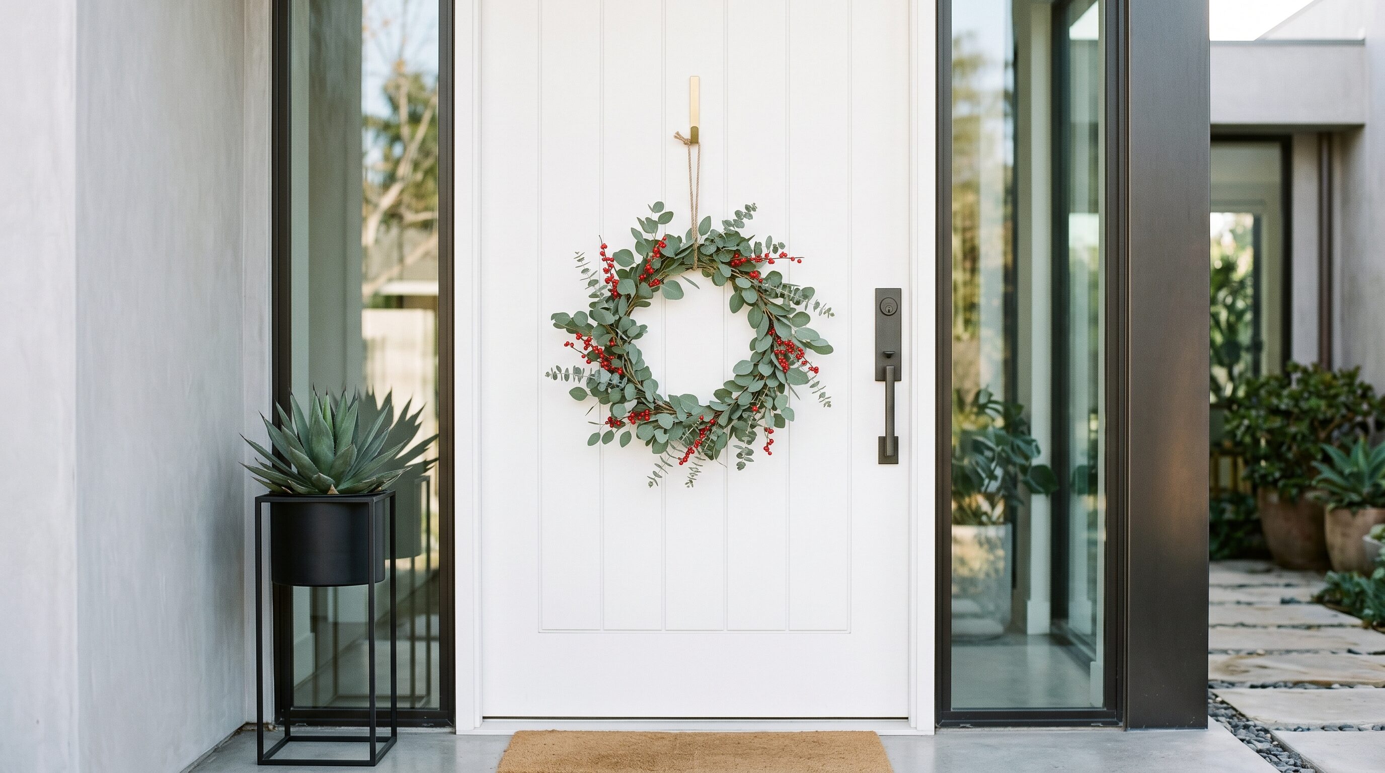 Minimal Valentine wreath with eucalyptus and red berries.