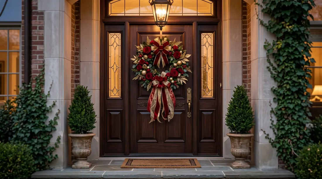 Luxury Valentine wreath with velvet red roses, gold accents, and ribbons.