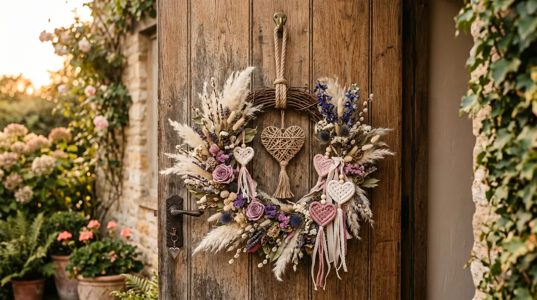 Boho Valentine wreath with dried flowers, pampas grass, and woven hearts.