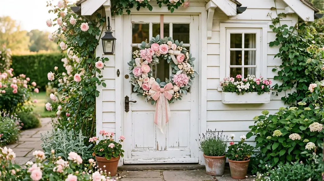 Cottage Valentine wreath with pastel flowers, lace ribbon, and greenery.