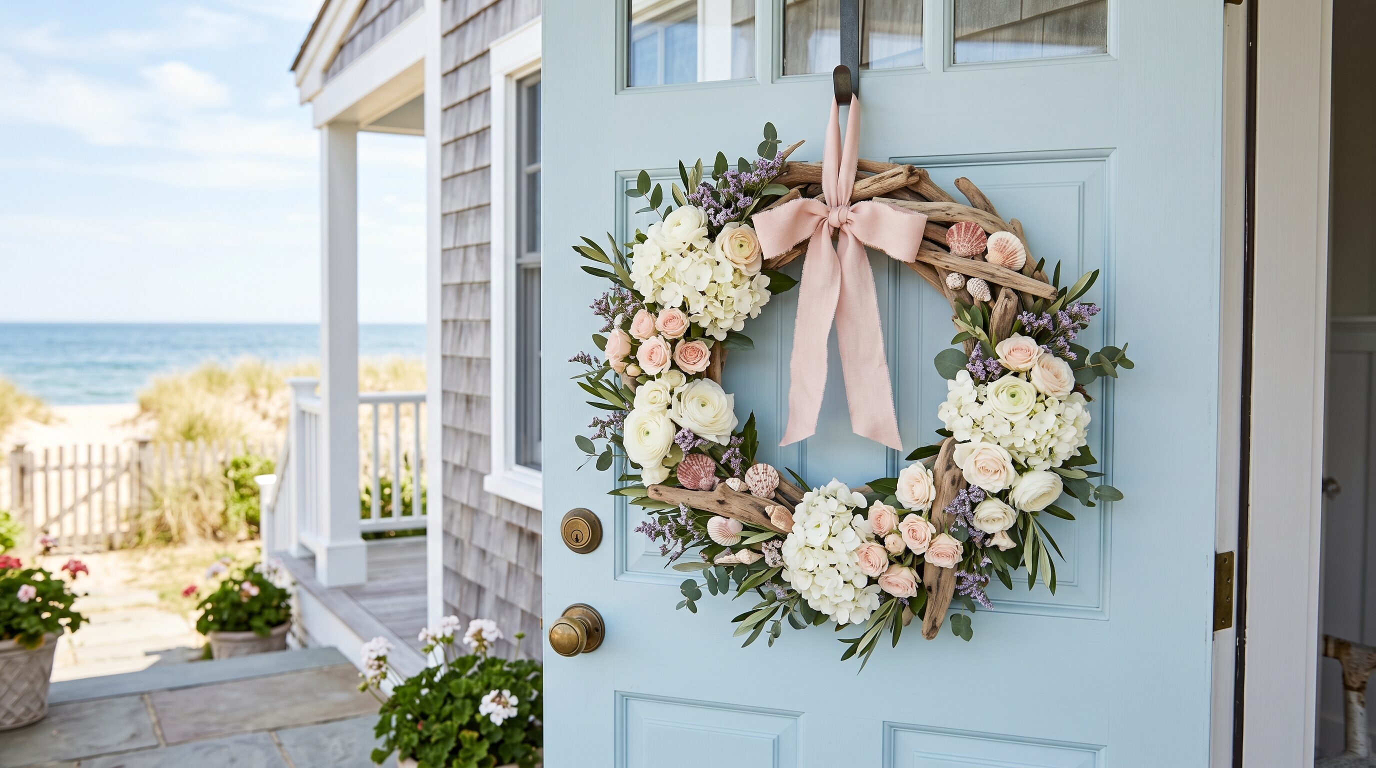 Coastal Valentine wreath with blush flowers, driftwood, and shell accents.