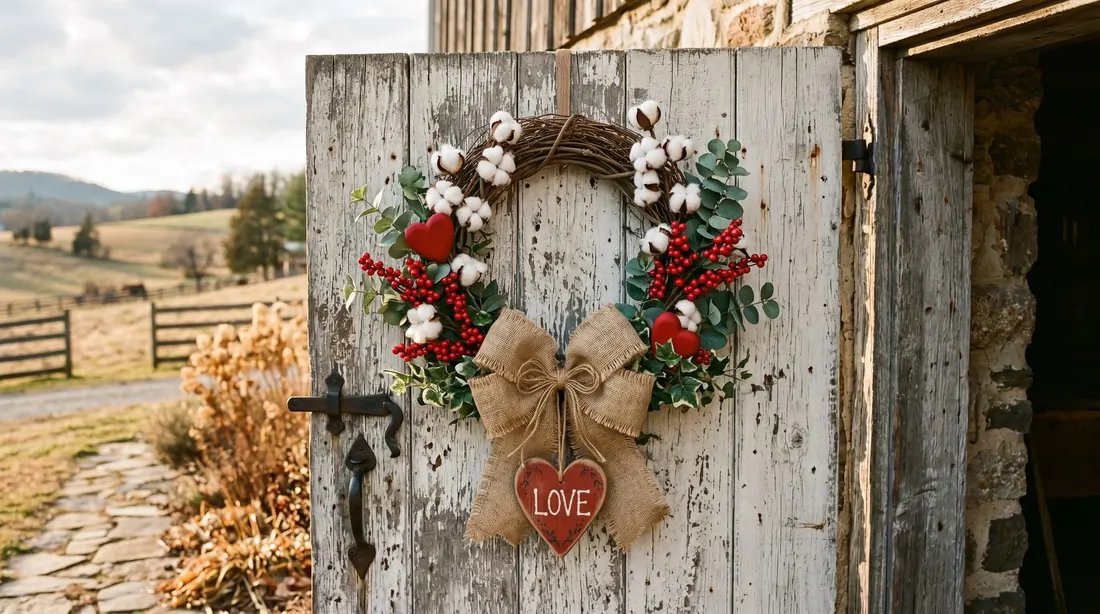 Farmhouse Valentine wreath with cotton stems, berries, burlap, and wood heart.