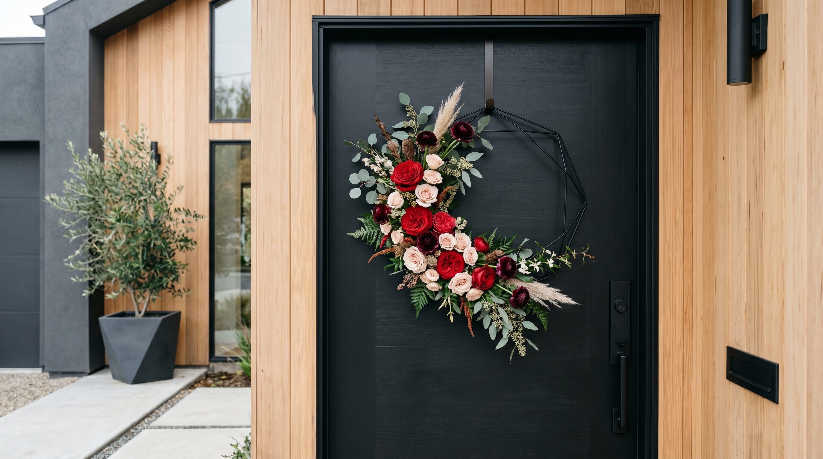Modern geometric Valentine wreath with asymmetrical red and blush flowers.