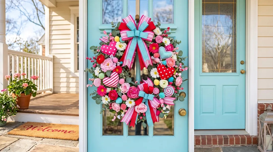 Whimsical Valentine wreath with candy colors, heart ornaments, and mixed florals.