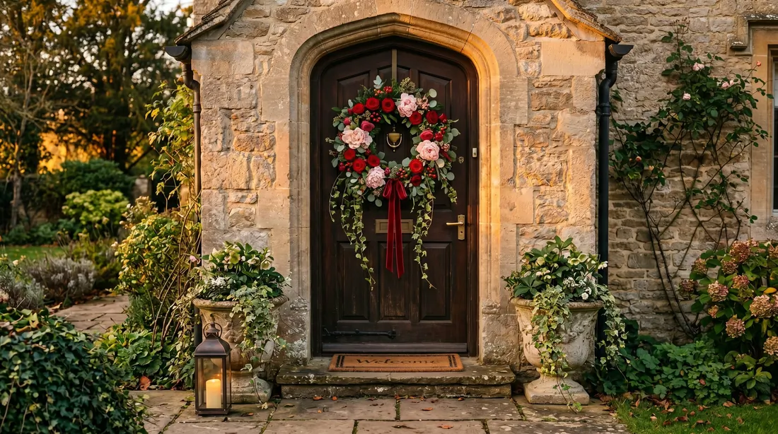 Classic Valentine wreath with red roses, pink peonies, trailing ivy, and stone entry.