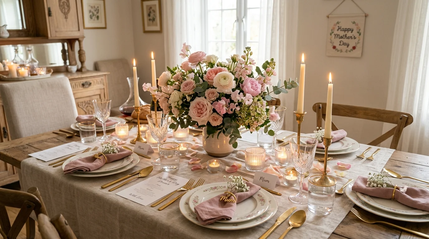 Mother's Day table with flowers, candles, pastel linens, and a thoughtful elegant setup.