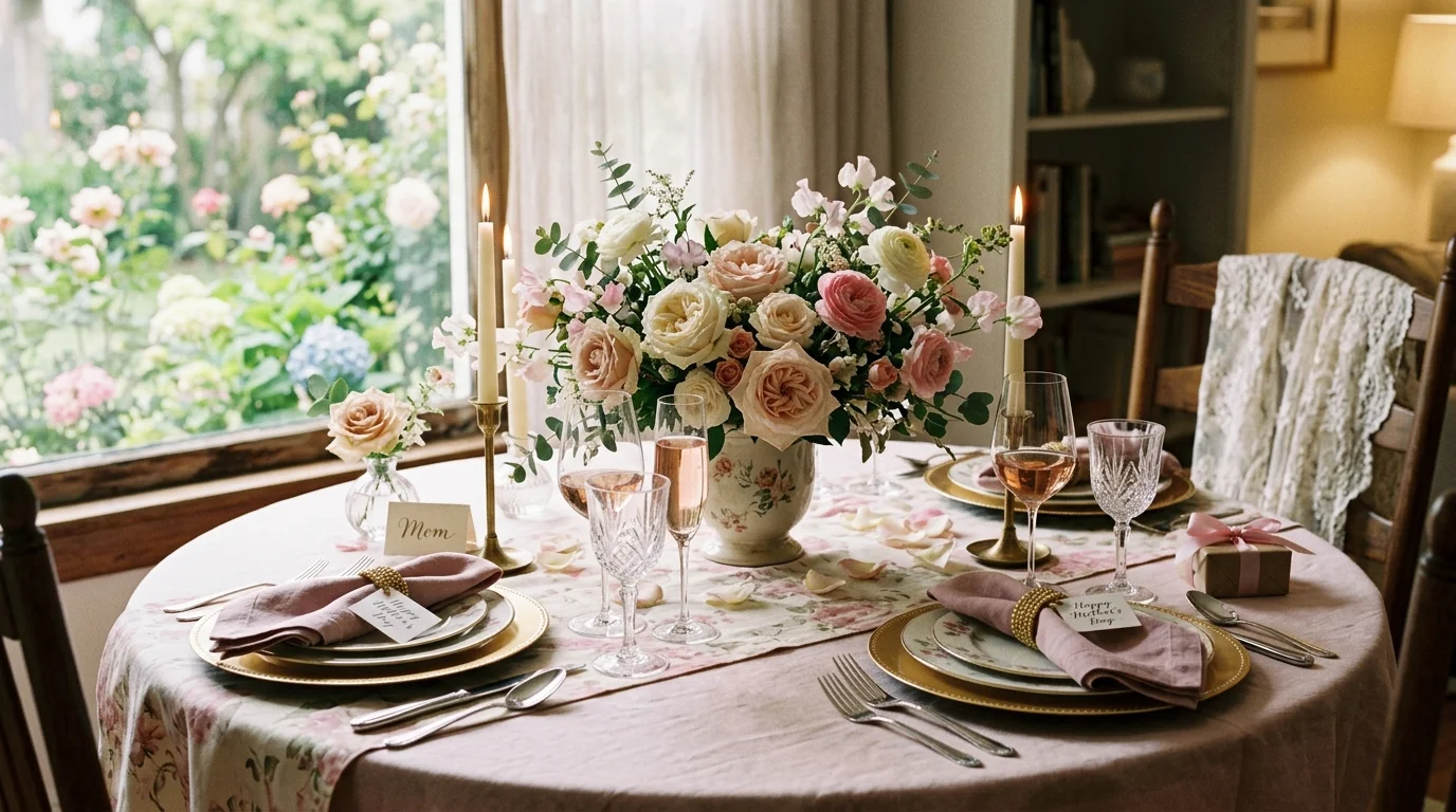 Mother's Day dining table with pastel dishes, soft linens, and bright springtime warmth.