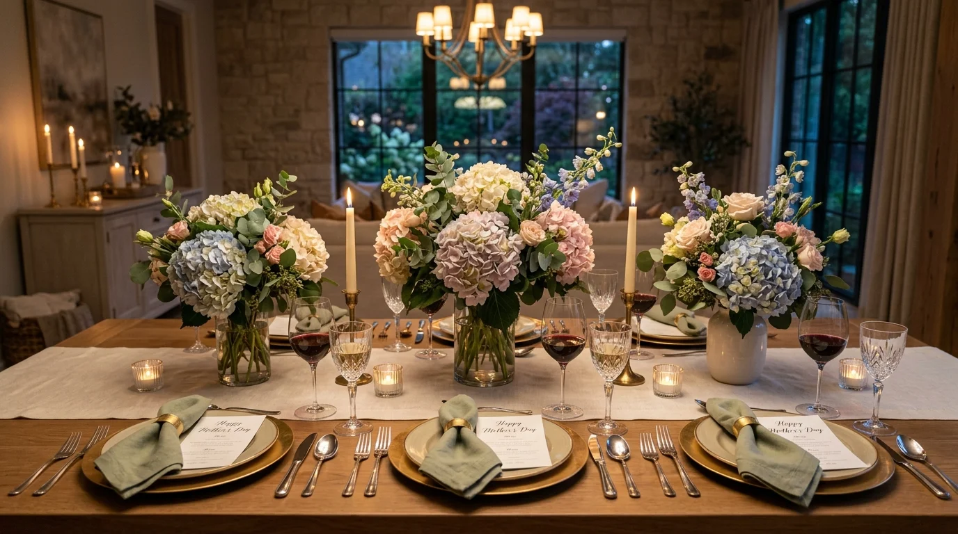 Dining table with white plates, pink blooms, and refined Mother's Day styling.