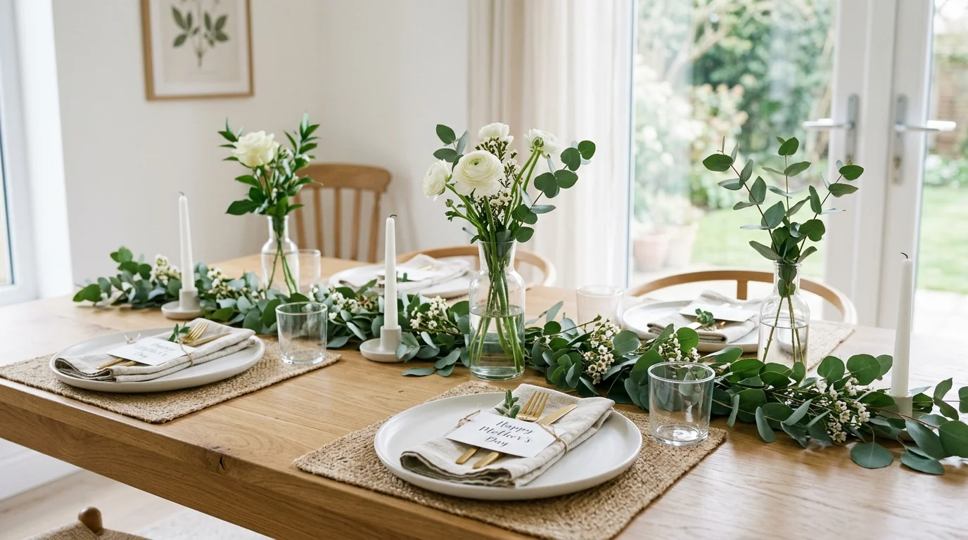 Table decorated with fresh greenery, blossoms, and a light garden-party atmosphere.