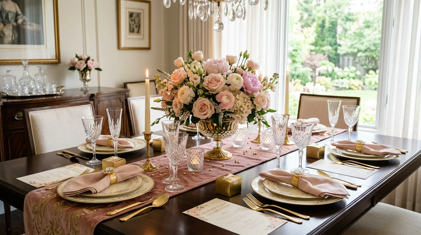 Mother's Day table with place cards, flowers, and thoughtful meaningful details.